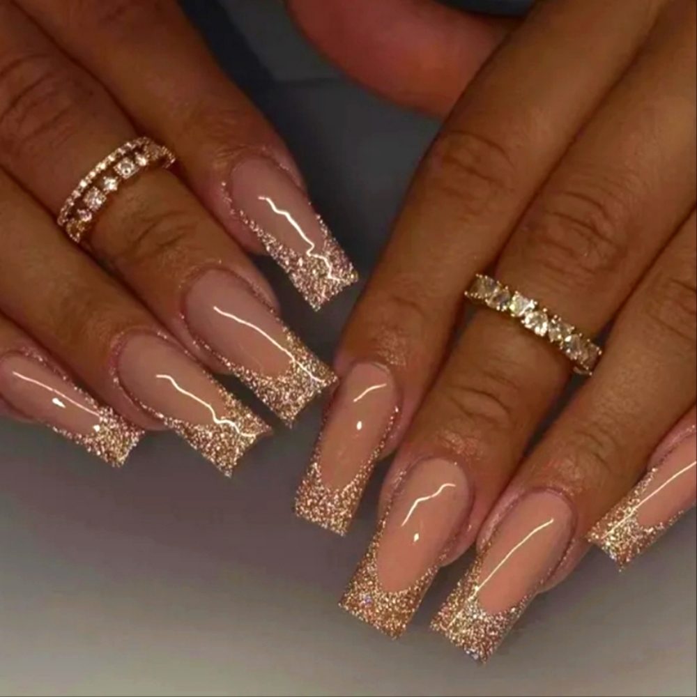 GOLD GLITTET FRENCH square 💅NAILS glue on PRESS ON FREE SALON QUAL